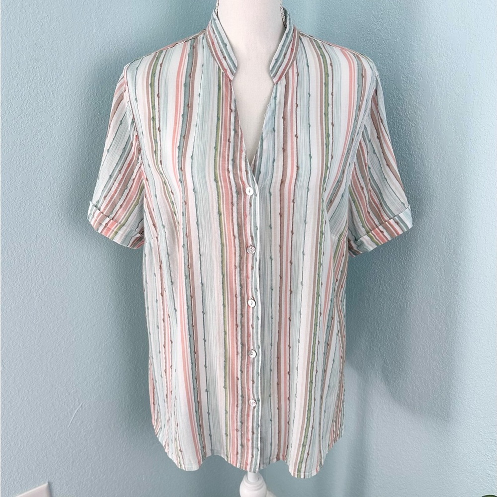Alfred Dunner Plus Size 18W Button Up V-Neck Vertical Stripe Cotton Top Roll Tab